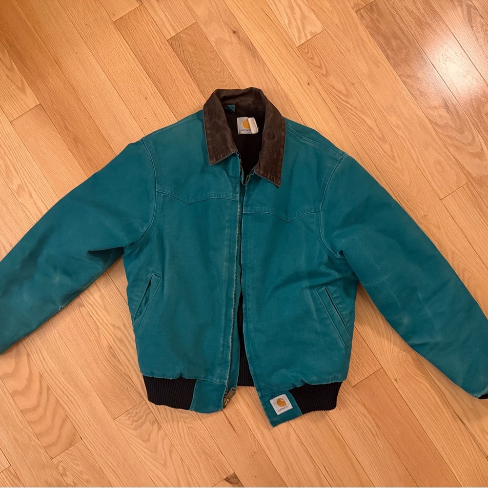Carhartt Teal Bomber Jacket with Brown Collar
